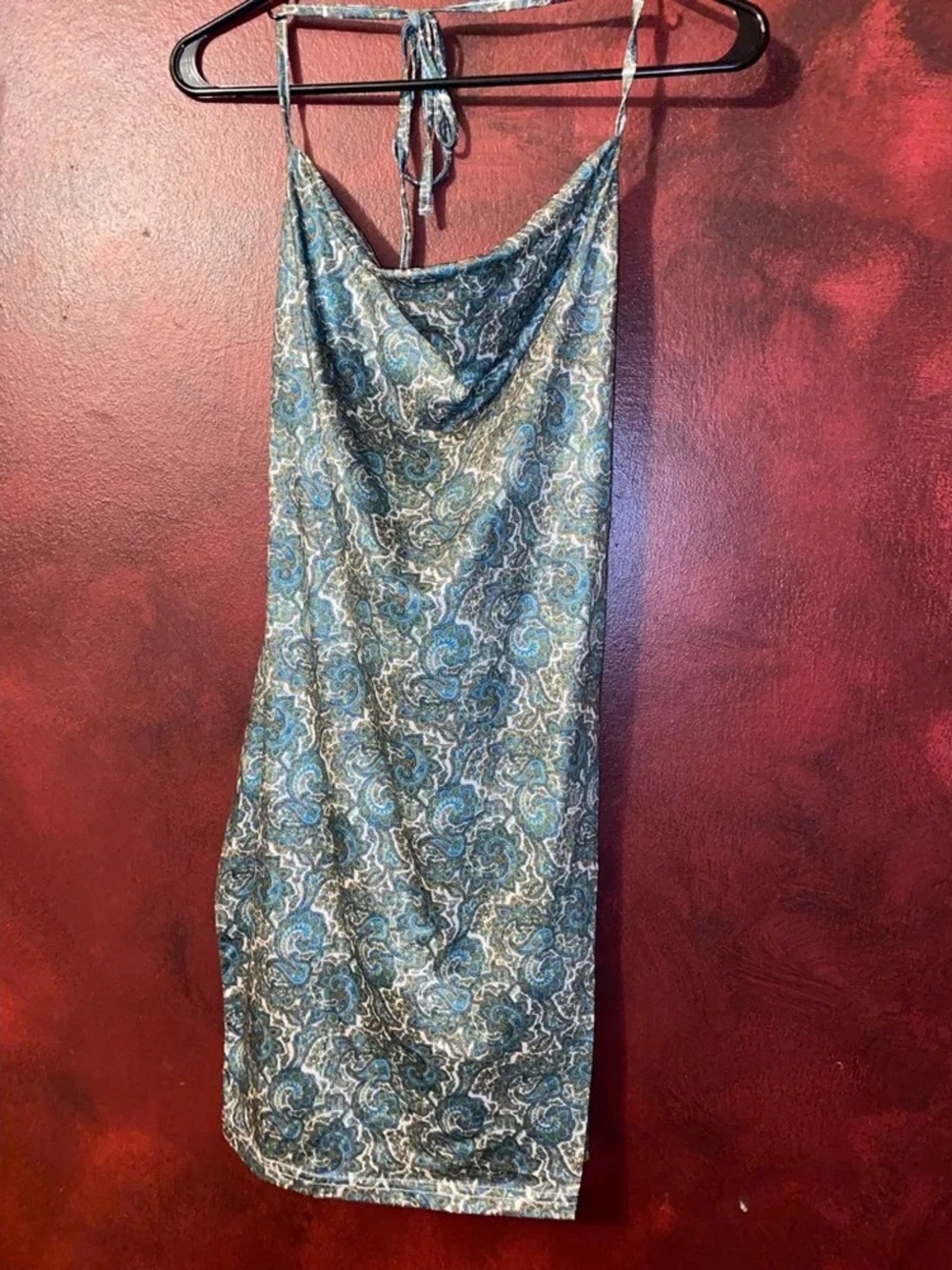Coach Blue and Gray Paisley Cowl Neck Slip Dress
